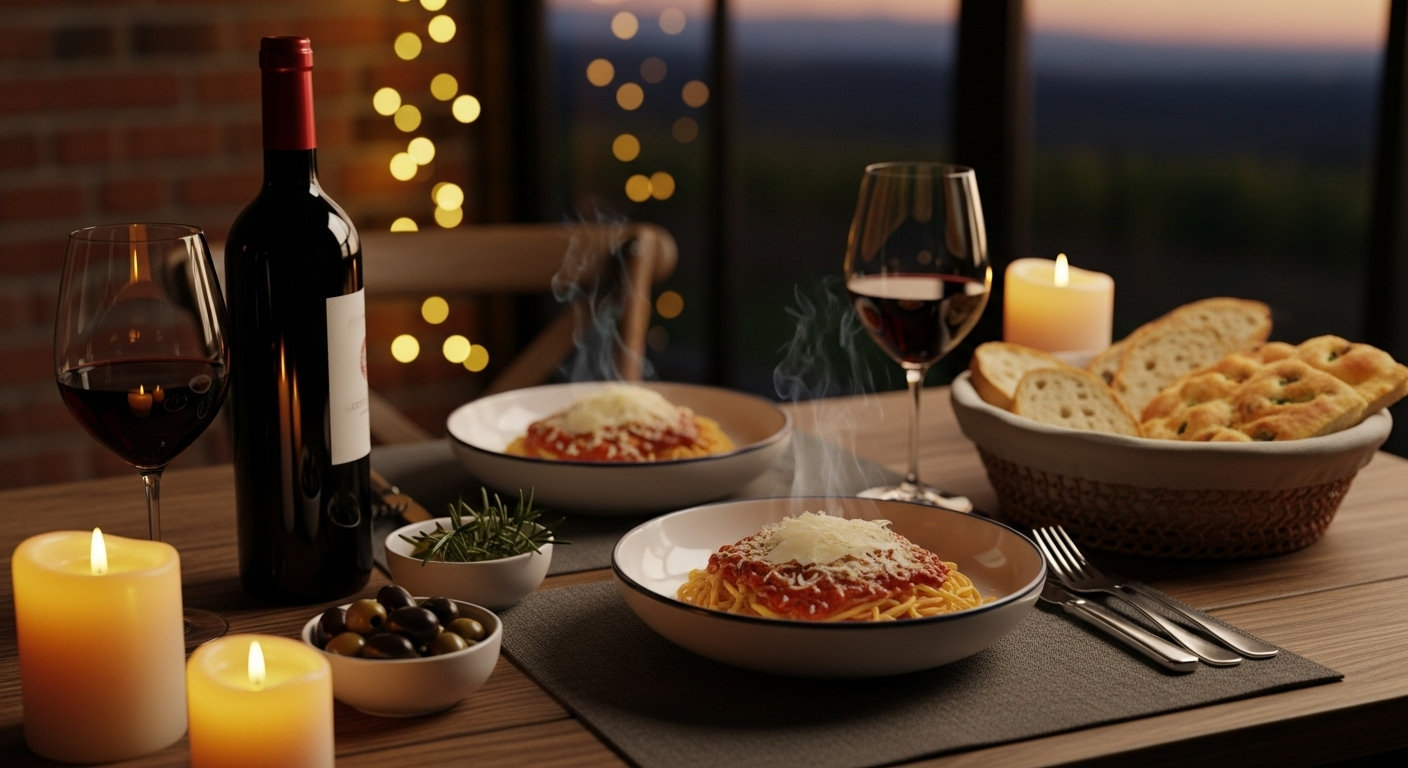 Романтический итальянский ужин для двоих со свечами и пастой