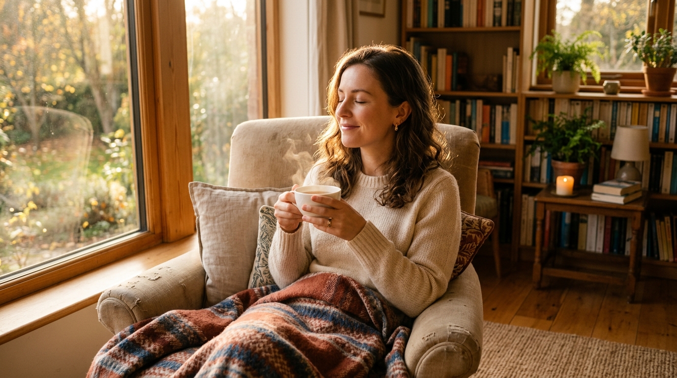 Женщина в уютном кресле пьет ароматный чай, наслаждаясь моментом релакса