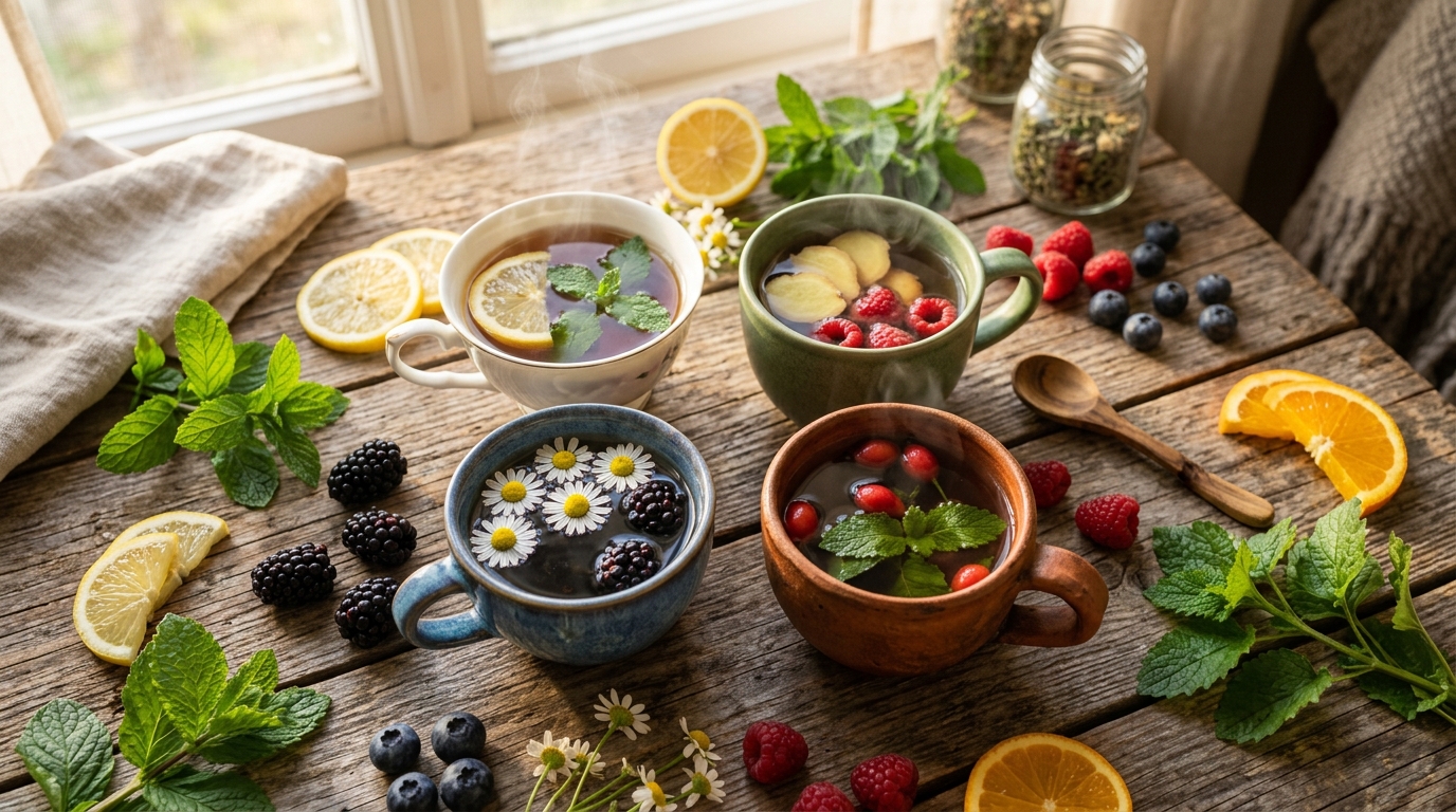 Разнообразные чашки чая на столе с фруктами и травами для женского здоровья