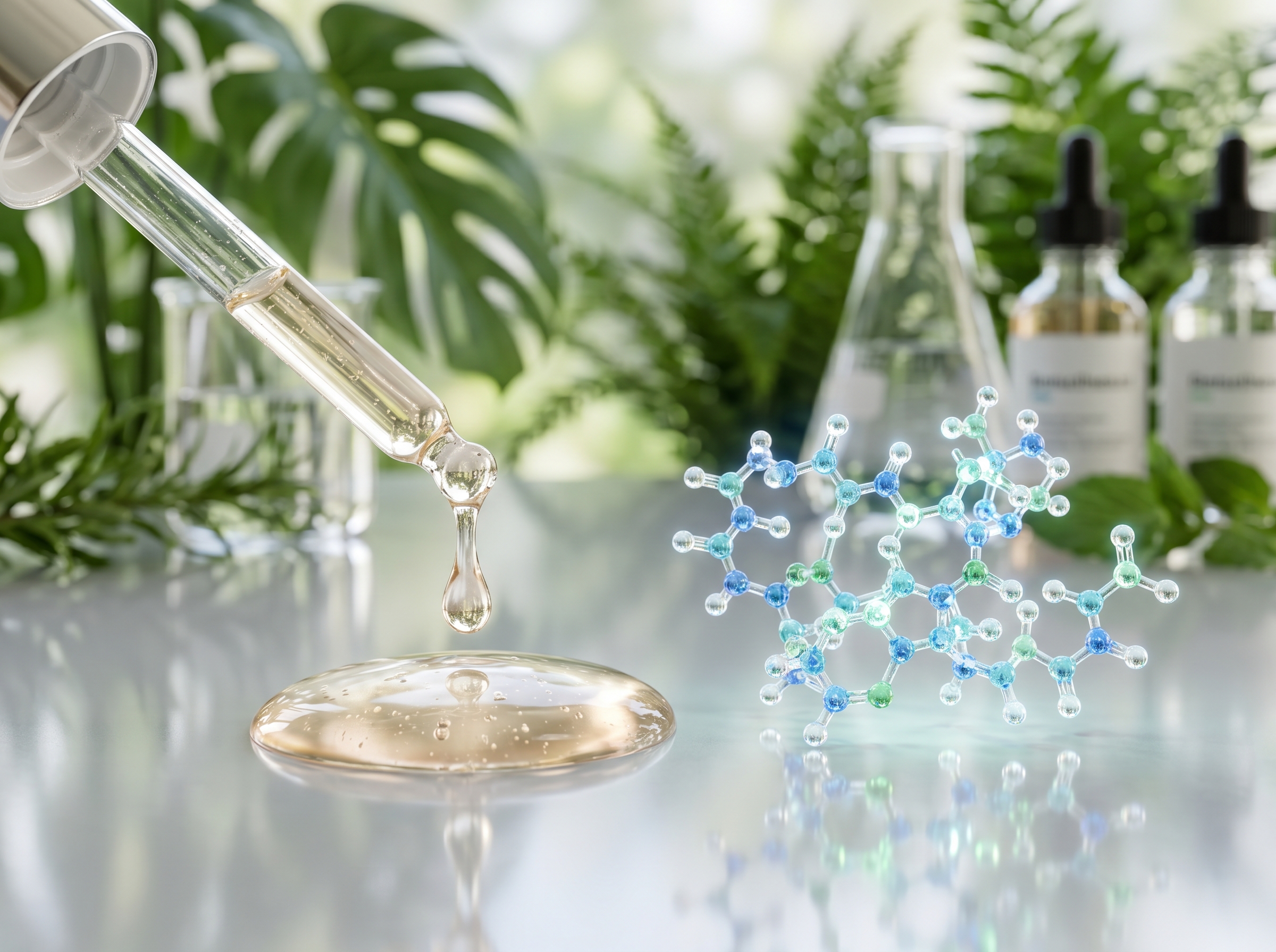 Модель молекулы и капля средства HydroPeptide